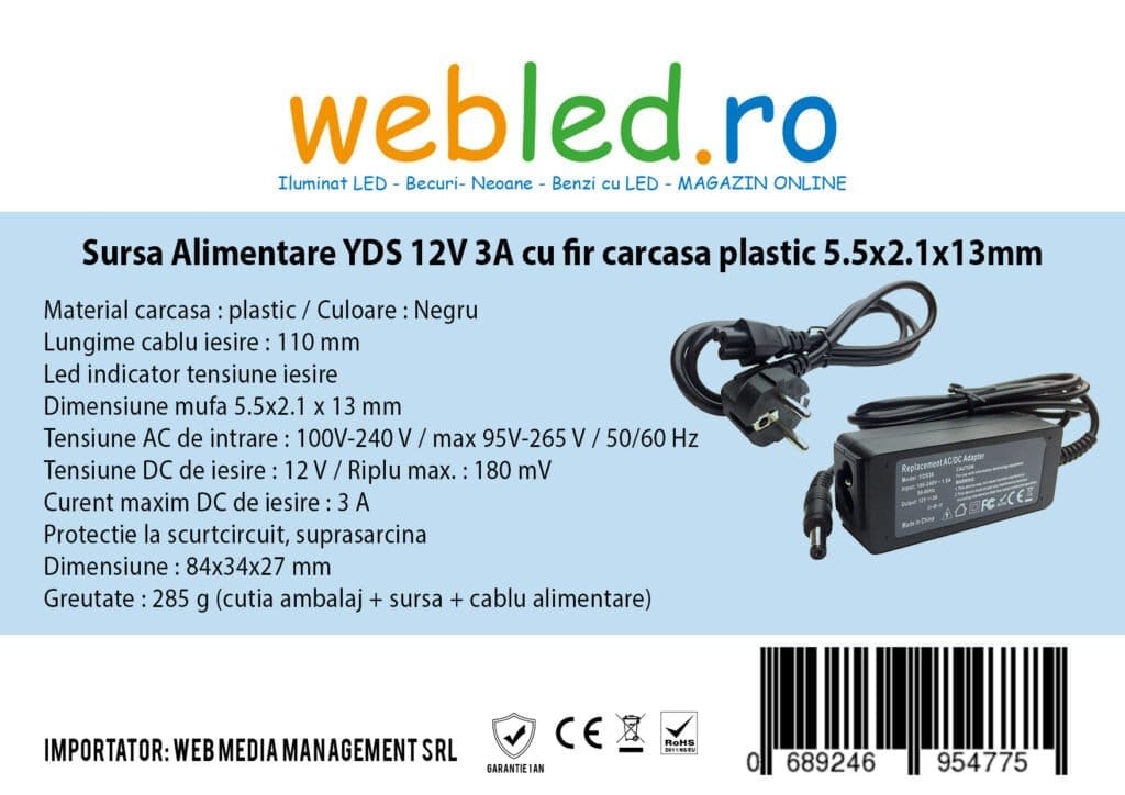 Sursa Alimentare YDS 12V, 3A, 36w cu fir carcasa plastic