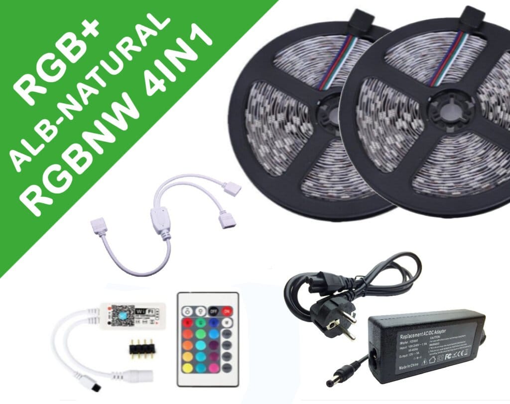 Kit Banda Led RGBNW 4in1 10 metri(RGB +ALB NATURAL)5050,IP65, Controller WIFI, +telecomanda 24 taste, Transformator 5A