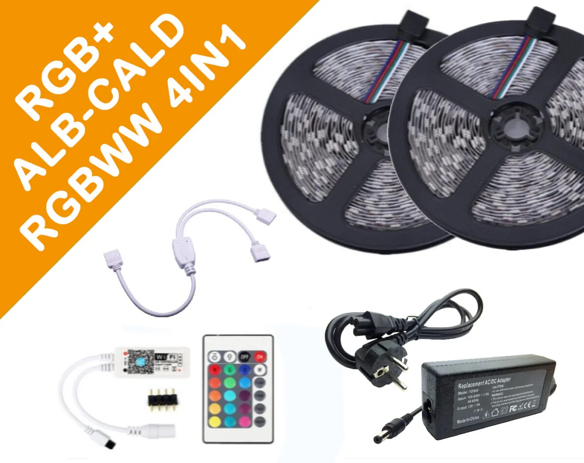 Kit Banda Led RGBWW 4in1(RGB +ALB CALD)5050, 10metri ip20, Controller WIFI, +telecomanda 24 taste, Transformator 5A