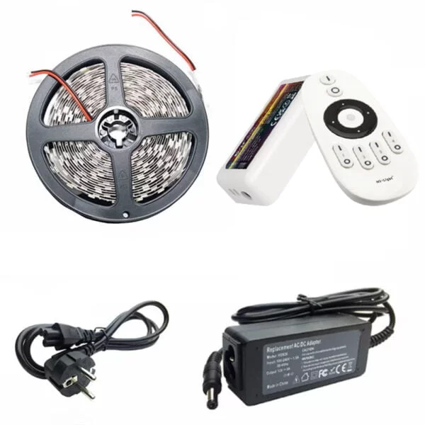 Kit Banda led Alb Cald 5630 60led/m ip20, 12v, 5 metri, Telecomanda+Transformator 5A