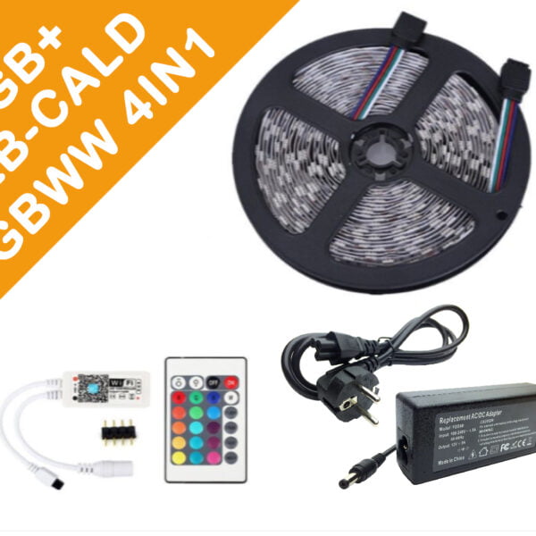Kit Banda Led RGBWW IP65 4in1(RGB +ALB CALD) 5050, Controller WIFI+telecomanda 24 taste, Transformator 5A, 5 metri