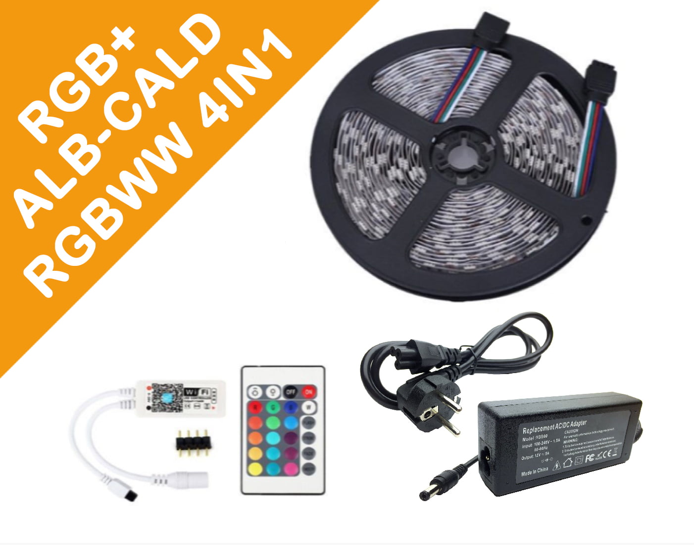 Kit Banda Led RGBWW IP65 4in1(RGB +ALB CALD) 5050, Controller WIFI+telecomanda 24 taste, Transformator 5A, 5 metri