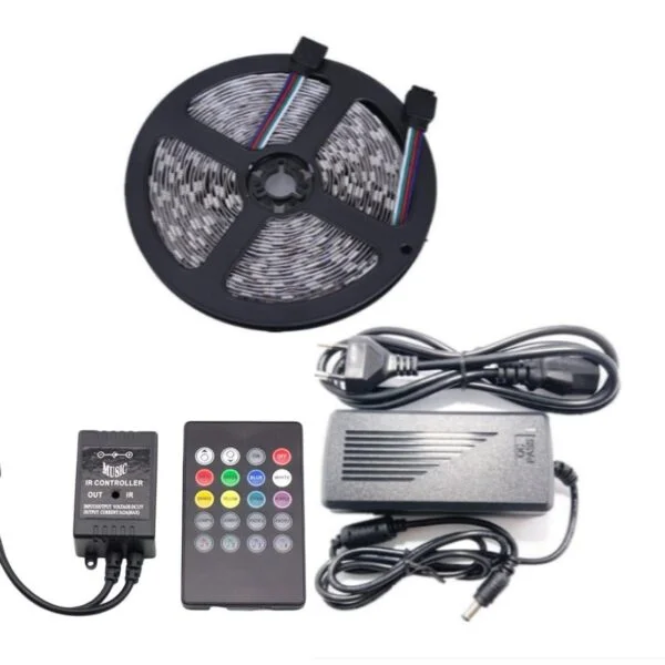 Kit Banda LED RGB cu control muzical, IP20 , Telecomanda IR 20 taste, Transformator 5A , 5 Metri