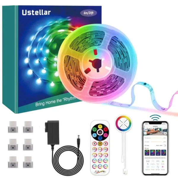 Kit Banda LED Ustellar 6M RGBIC, Sincronizare Muzica, Smart, Wifi, Telecomanda, Alexa, Google Assistant