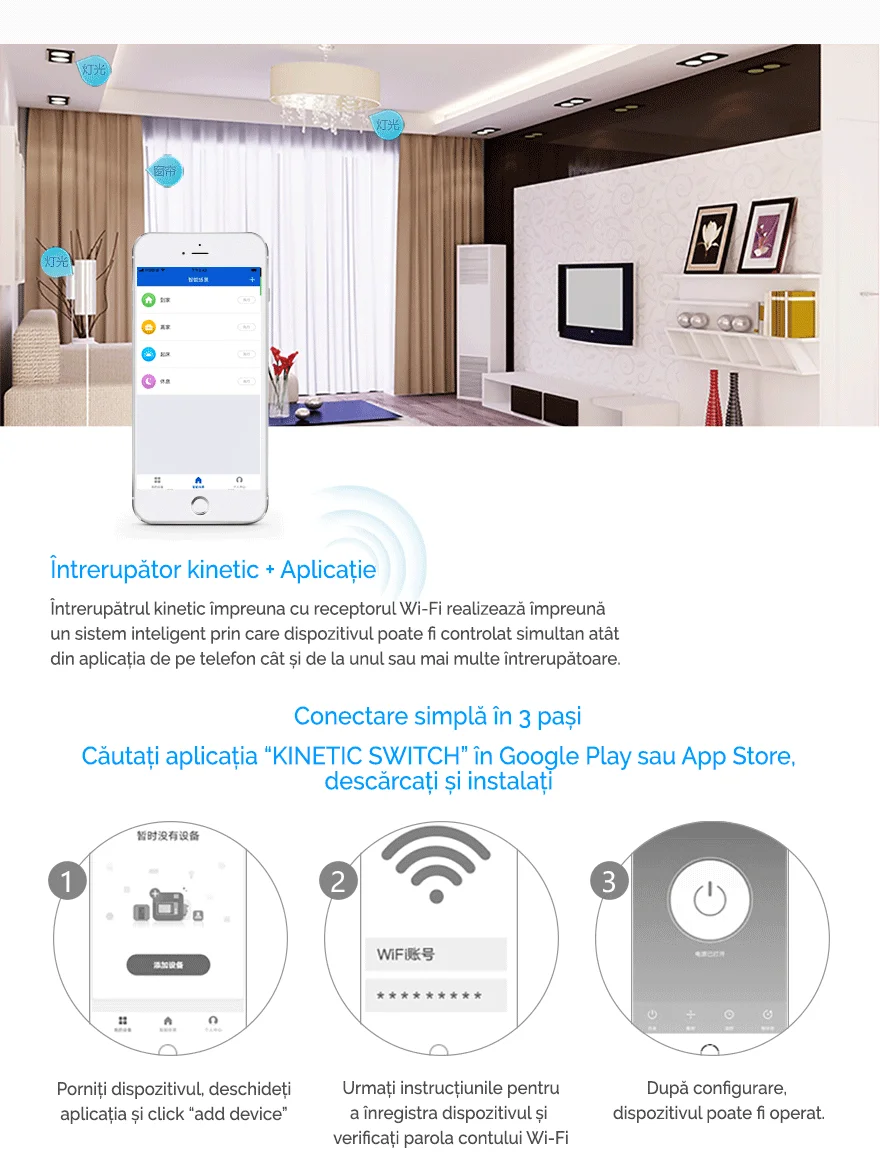Întrerupător wireless Kinetic Energy cu 4 butoane, cu revenire