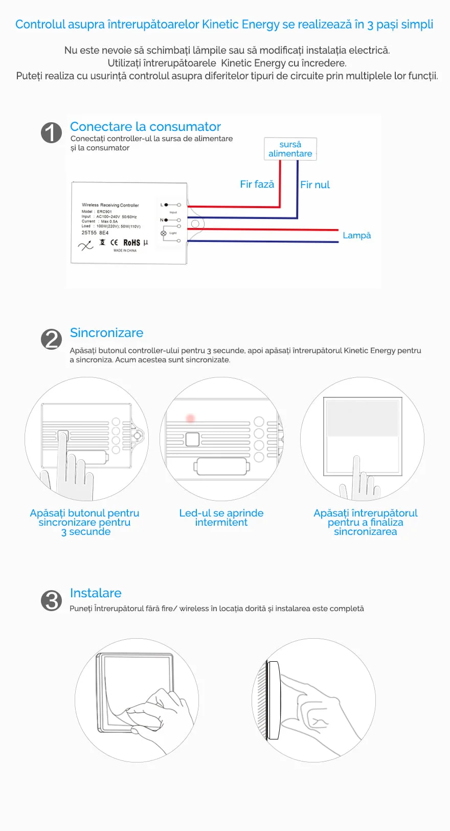 Controller Kinetic Energy, 1 canal, 5A, WiFi + RF433 Tuya (cu nul)